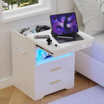 Wooden 2-Drawer Nightstand - 1m LED Strip & Charging Station (2AC/2USB)