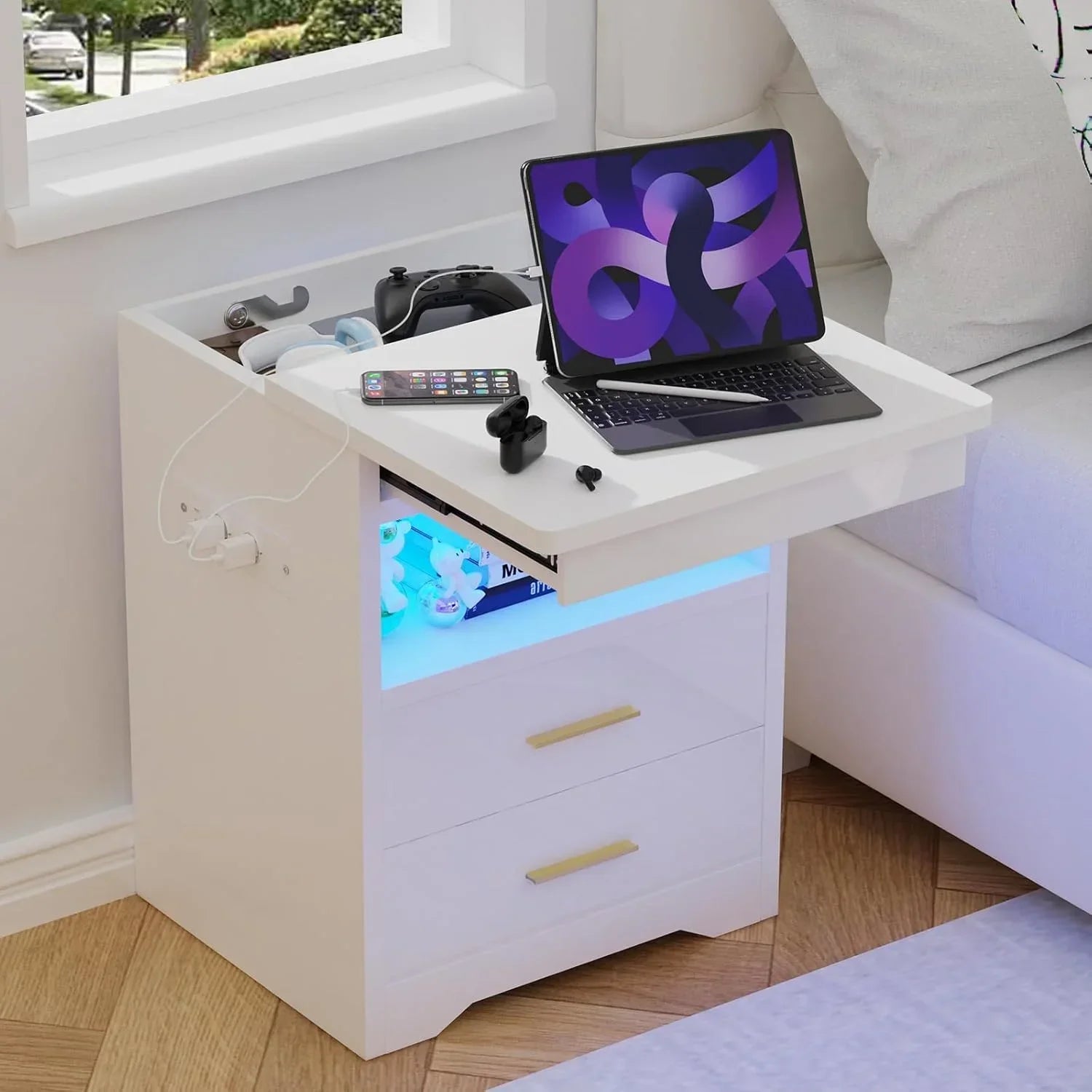 Wooden 2-Drawer Nightstand - 1m LED Strip & Charging Station (2AC/2USB)
