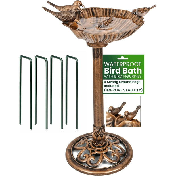 Bronze Effect Freestanding Bird Bath | 52×38×79cm | Wide Basin | 4 Ground Pegs